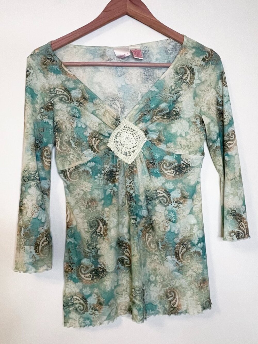 Vintage Xhilaration Y2K Paisley Crochet Bell Sleeve Top Medium Fairy Grunge